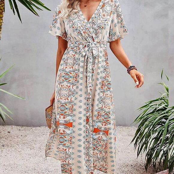 Women's Boho Floral Maxi Dress V Neck Short Sleeve Ruffle Split Beach - Picture 3 of 6